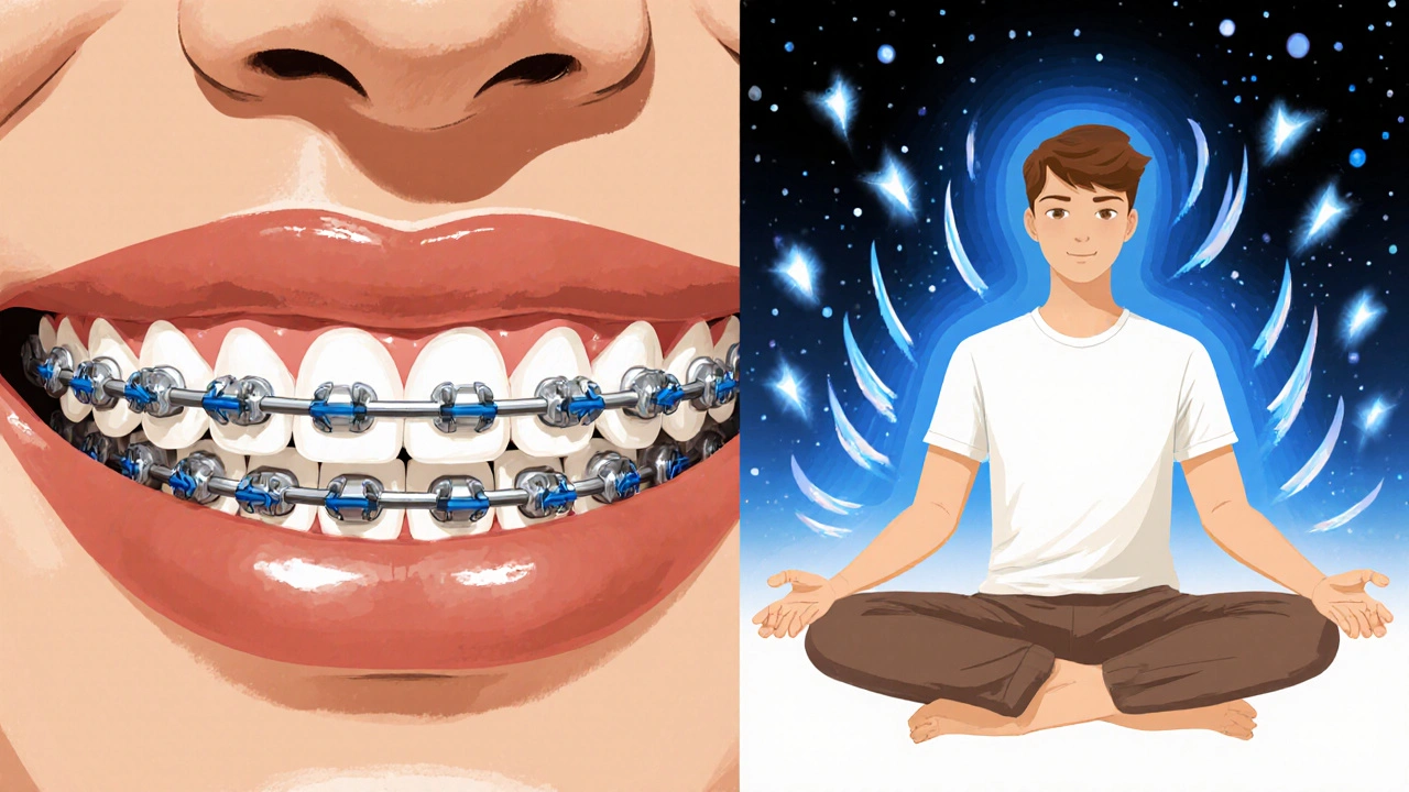 Dvě části obrázku: zuby s braketami a člověk v meditaci s uvolňujícími vlnami, symbolizující léčbu úzkosti.