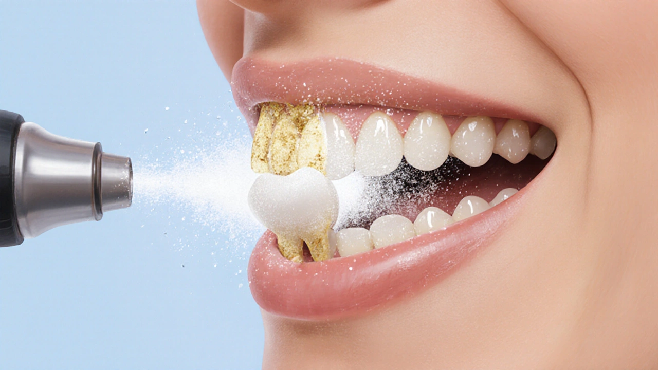 Ilustrace nože s proužkem prášku a vody odstraňující plak z moláru, vlevo plak, vpravo čistý zub.