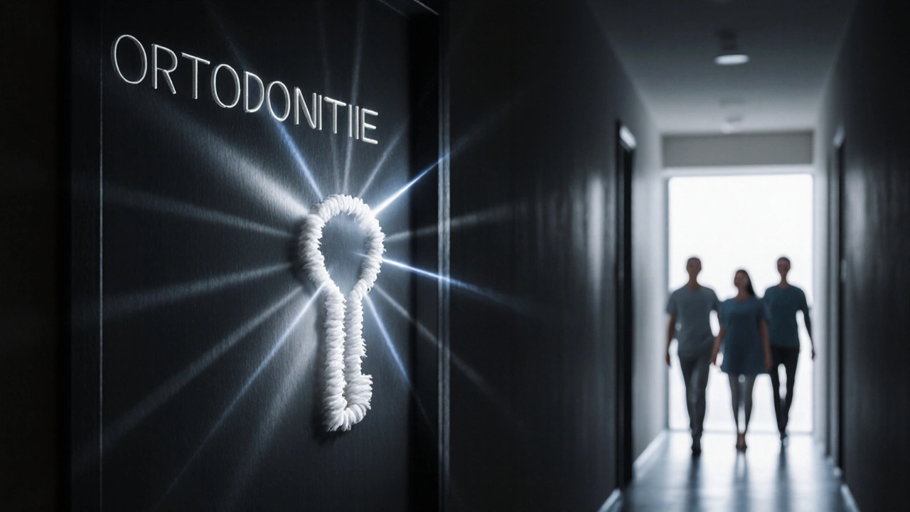 Klíč z nitě na dveře s nápisem 'Ortodontie', symbolizující překonání strachu a začátek léčby.