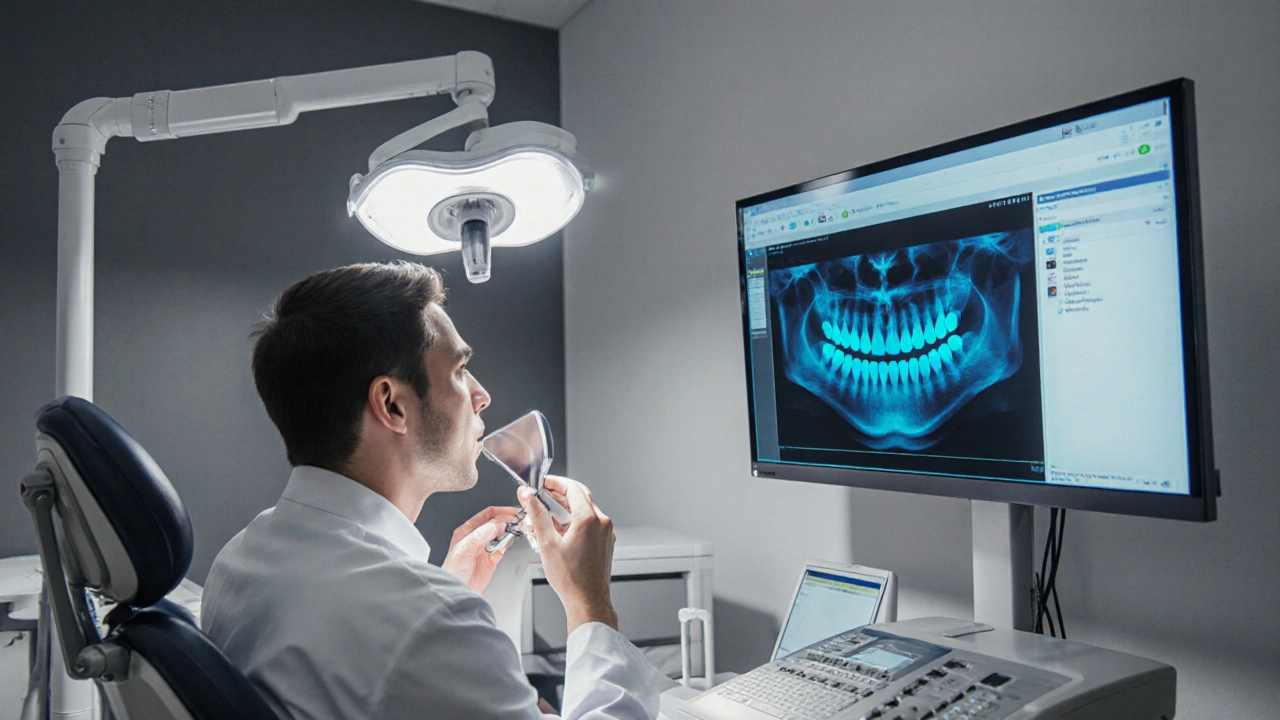 Ortodontista kontroluje ústní dutinu a ukazuje 3D model diastémy.
