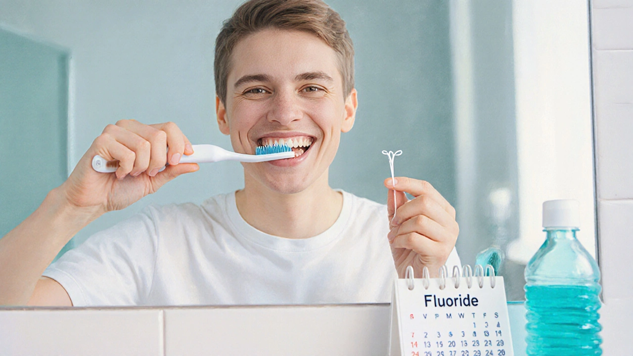 Osoba čistící zuby, ukazuje výplně a připomíná šestiměsíční kontrolu a fluoridaci.
