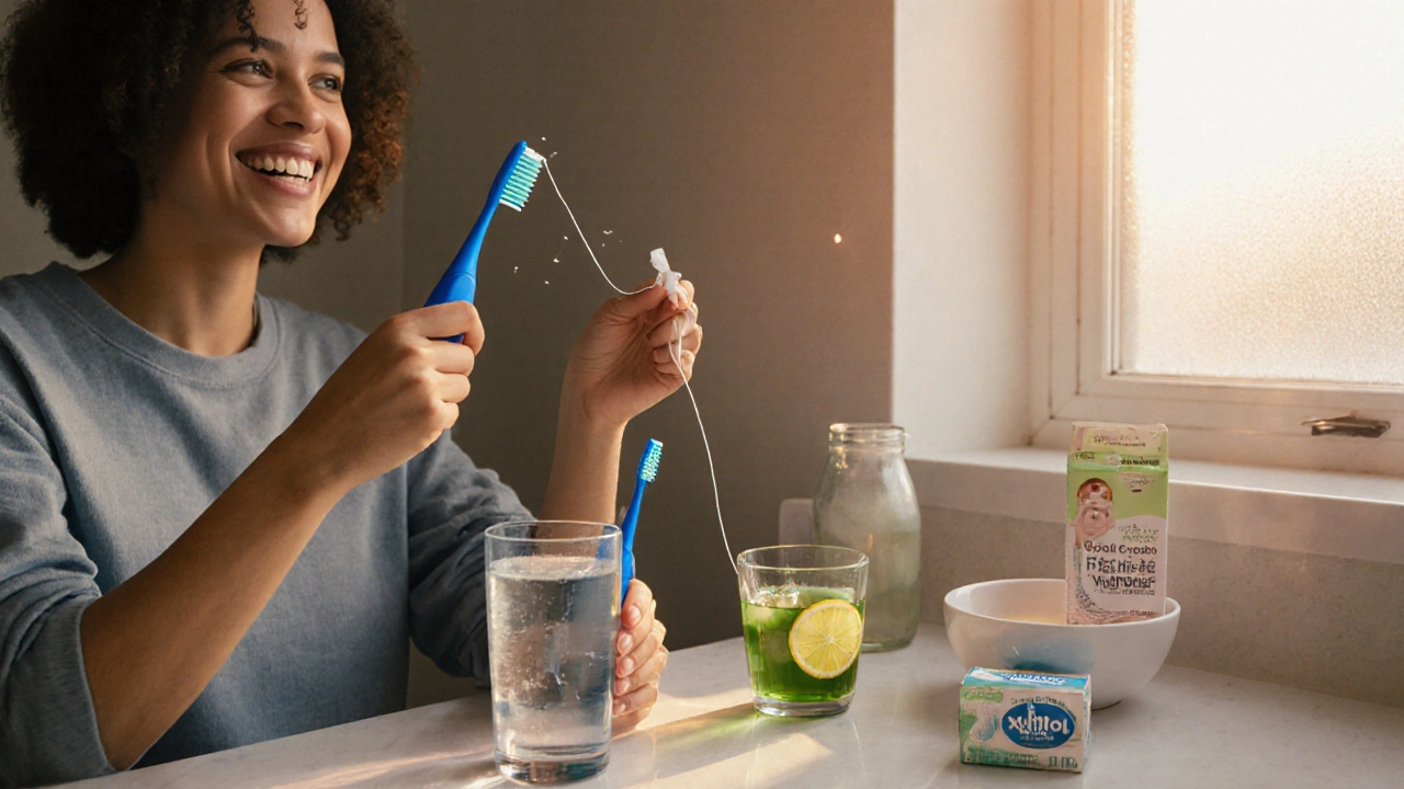 Osoba v koupelně používá zubní kartáček, nit a má vedle kefír a xylitol.