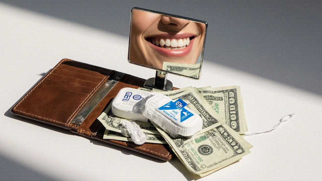 Peněženka s balíčkem niti vedle velkého účtu za léčbu zubů, zrcadlo odrazuje úsměv.