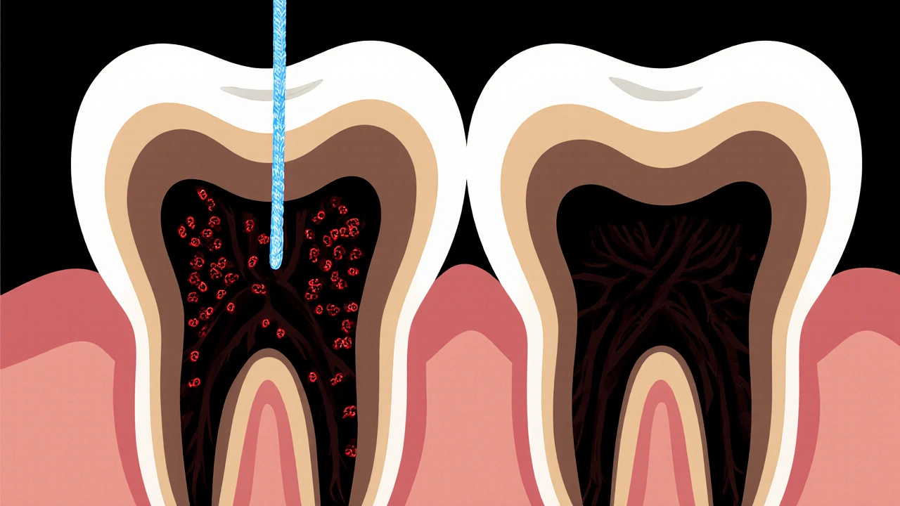 Průřez dvou zubů s skrytým kazem mezi nimi, zdravá plocha venku a bakterie v tmavém prostoru.
