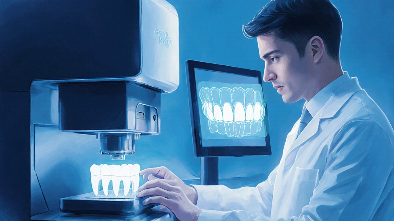 Technik v dentální laboratoři připravuje keramickou fazetu na moderním zařízení.