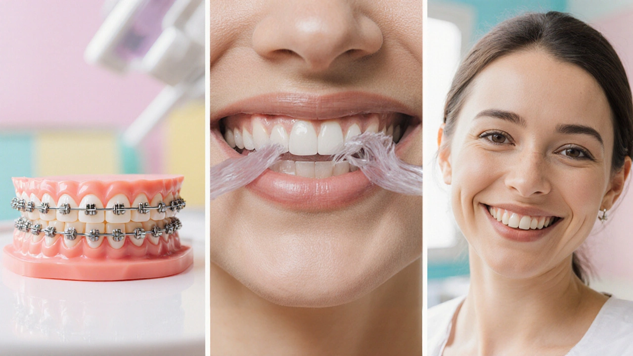 Zobrazena tři řešení mezery: aparát, čirý aligner a implantát.