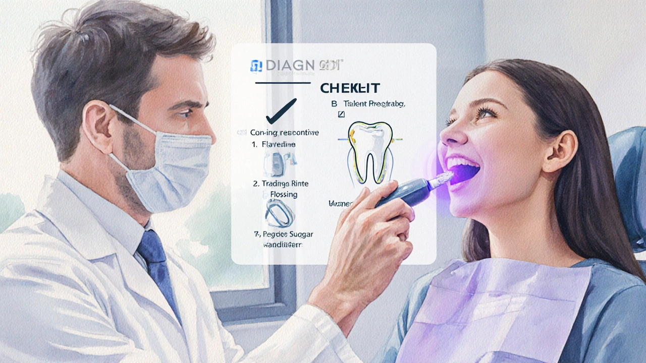 Zubař používá laser DIAGNOdent, vedle je seznam preventivních kroků.