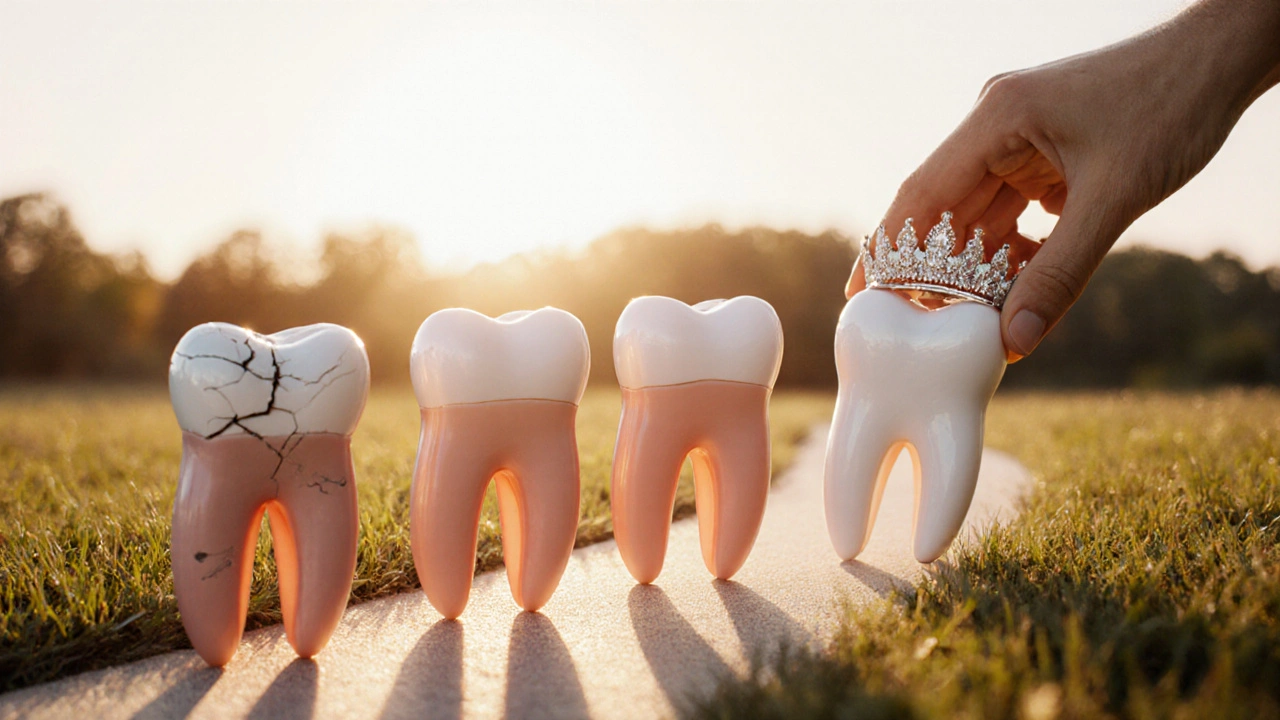 Časová osa čtyř možností opravy ulomeného zubu od výplně po korunku.