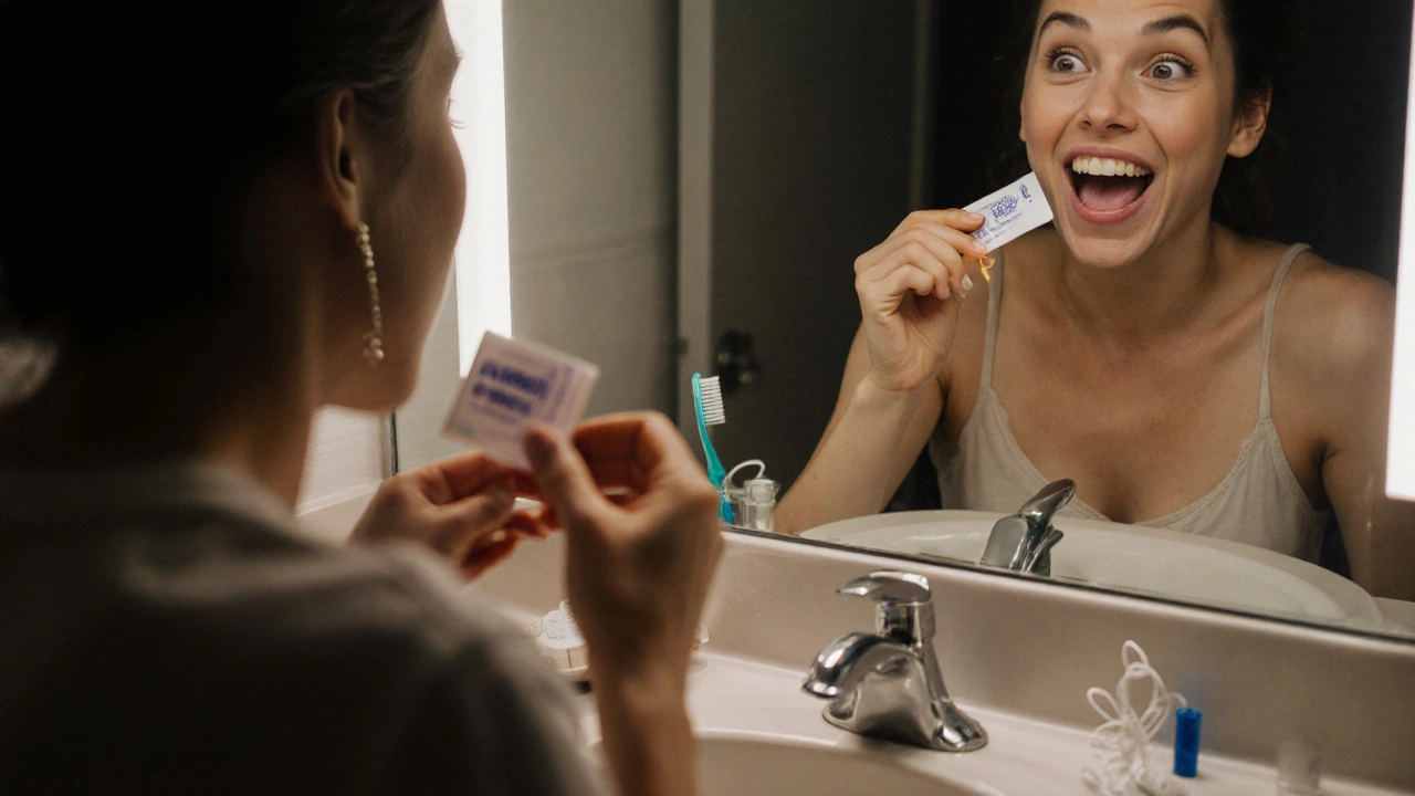 Člověk s fialově obarvenými zuby po použití tablety na odhalení plaku.