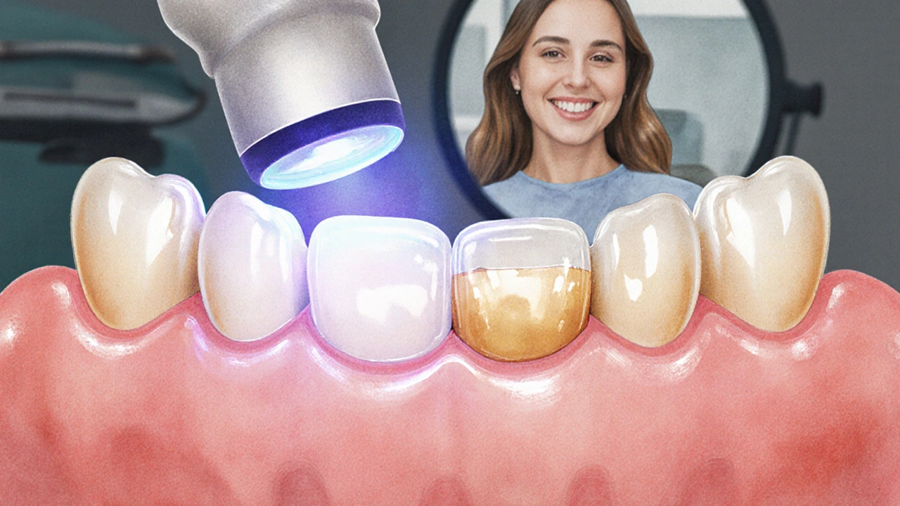 Cross-section of composite veneers showing layered natural-looking enamel tones.