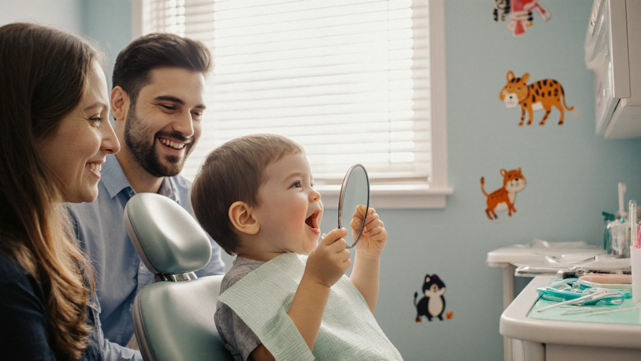 Dětský stomatolog prohledává první zoubky 1letého dítěte v pohodlné ordinaci.