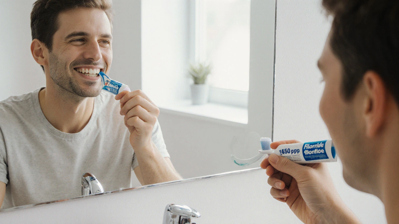 Diabetik čistí zuby fluoridovou pastou ve sprše