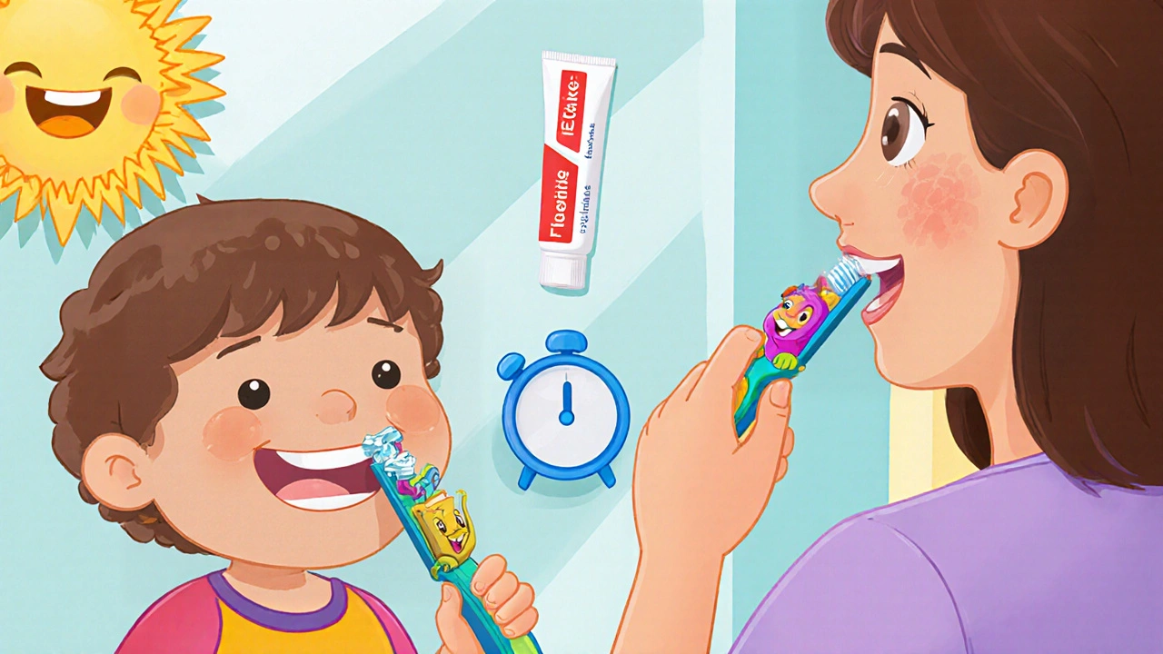 Dítě čistí zuby před zrcadlem spolu s rodičem, používá barevný kartáček s oblíbeným hrdinou.