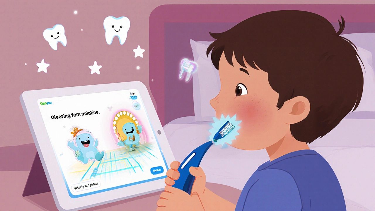 Dítě čistí zuby při sledování interaktivní aplikace s písničkou a světelnými indikátory.