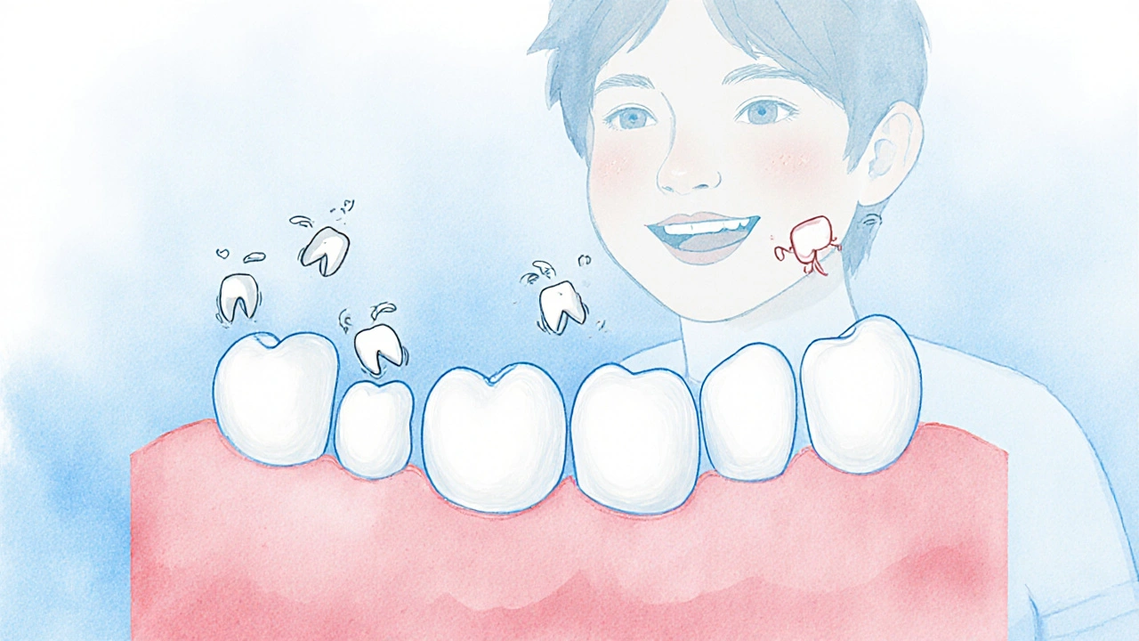 Dítě přechází od mléčných k trvalým zubům, mezera se postupně zavírá.