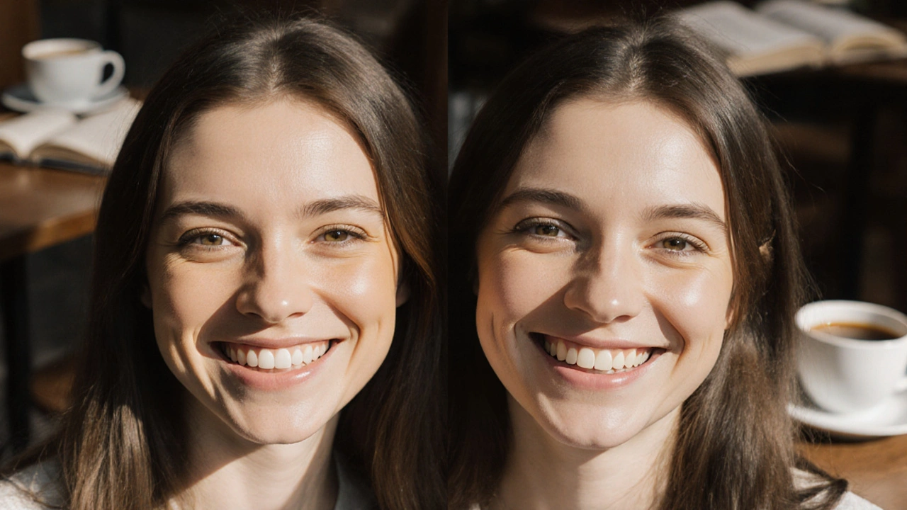 Dva přirozené úsměvy před a po bělení zubů doma.
