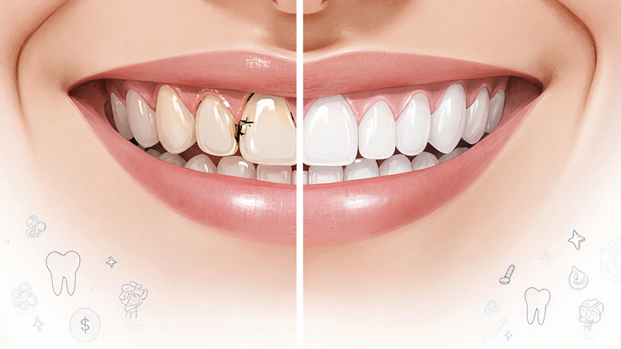 Dva úsměvy: levná fazeta s poškozením a tmavým odstínem proti přirozené, kvalitní fazetě.