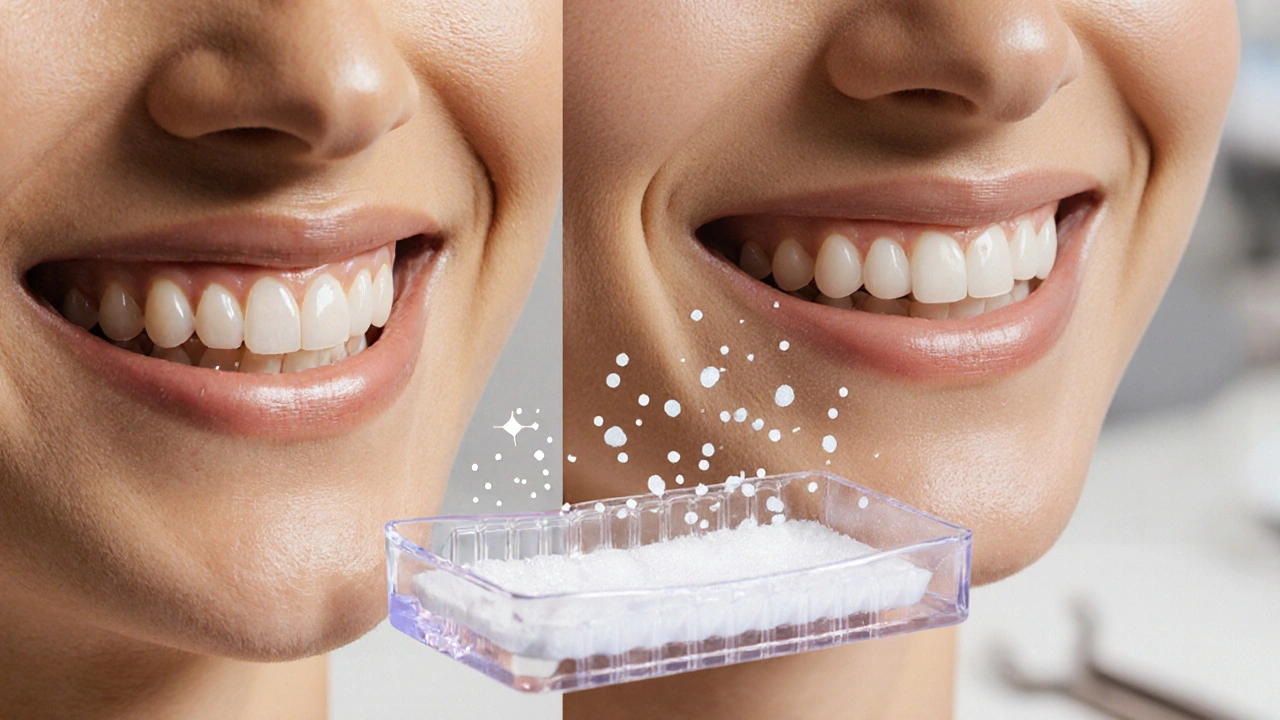 Dva vedle sebe stojící úsměvy: tmavý a bělý, s šablonou nad bělým zubem.