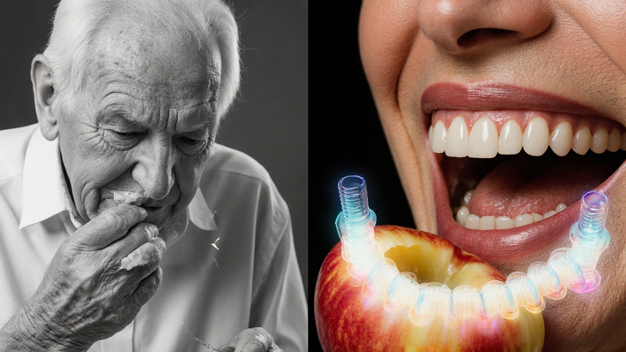 Dvě části obrázku: levá strana ukazuje strádajícího člověka bez zubů, pravá strana stejného člověka, jak jí jablko s plnými zuby.