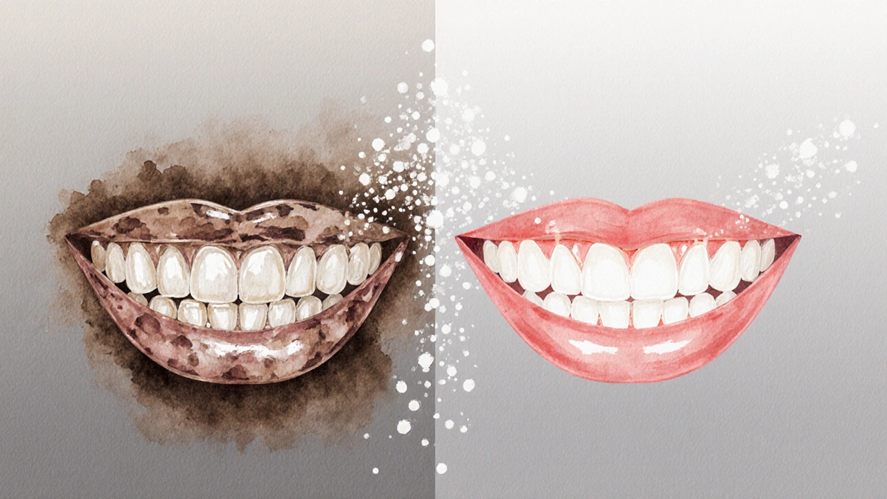 Dvě sady zubů: jedny znečištěné a tmavé, druhé čisté a bělé po očištění.