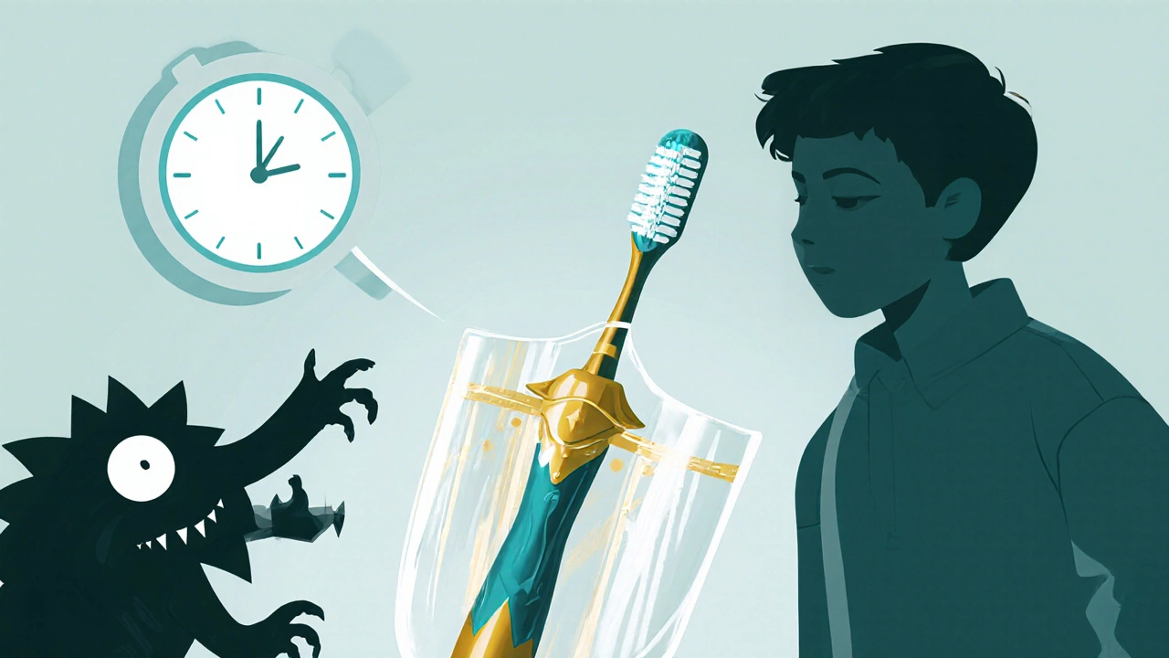 Elektrický zubní kartáček jako kouzelný štít proti plaku, symbolizující jemnou a bezpečnou péči.