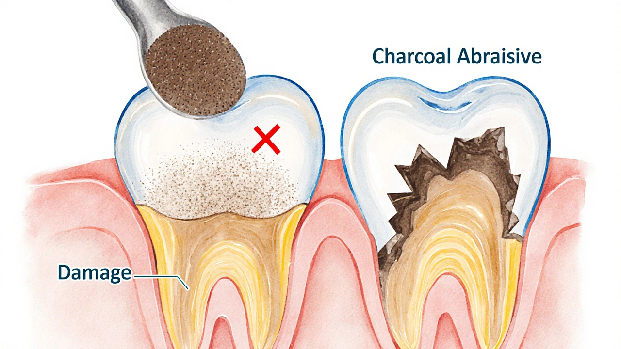 Křížový řez zubu: čistá sklovina s odstraňovanými skvrnami naproti poškozené sklovině od uhlíku.