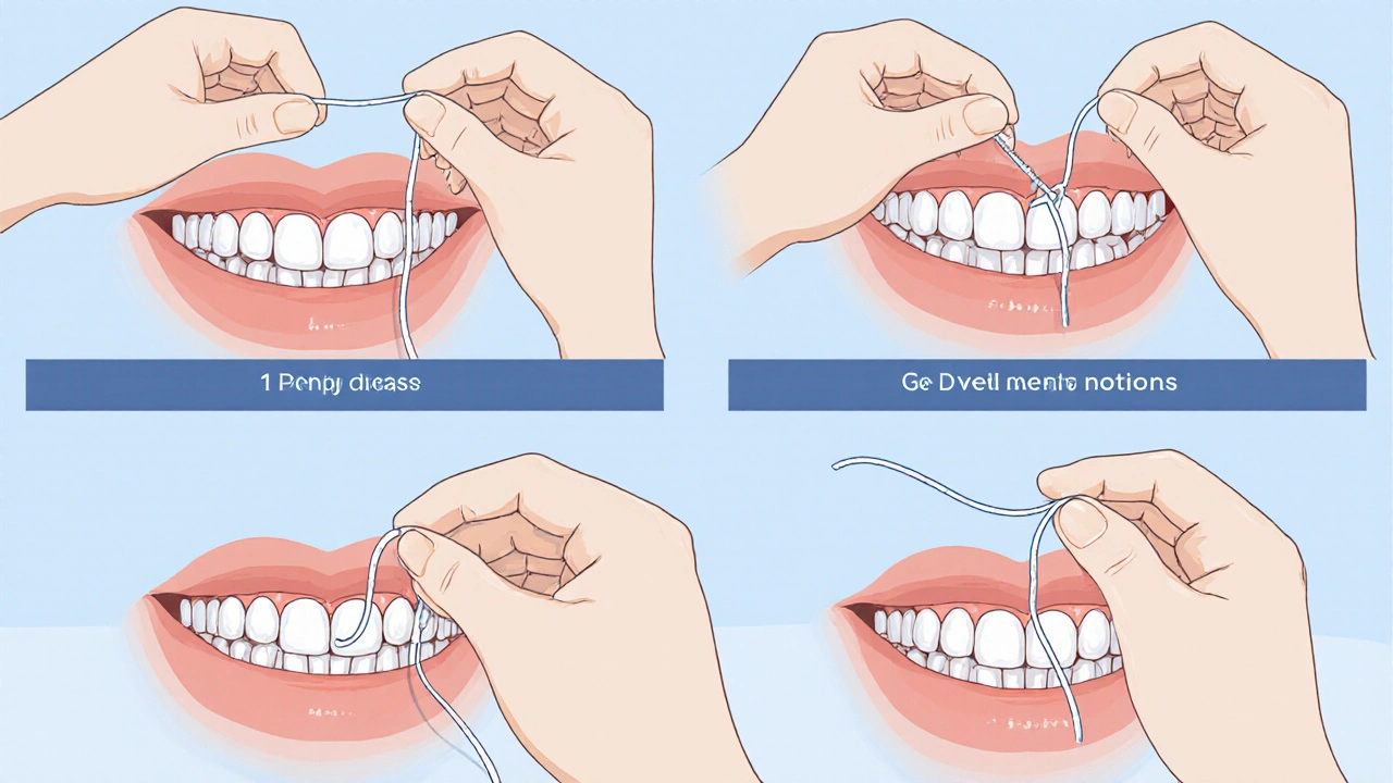 Krok za krokem správného čištění zubní nití: držení niti, vložení mezi zuby, tvar C a pohyb nahoru-dolů.