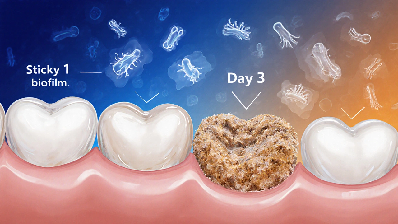 Mikroskopický pohled na přeměnu bakteriálního plaku na zubní kámen během tří dnů.