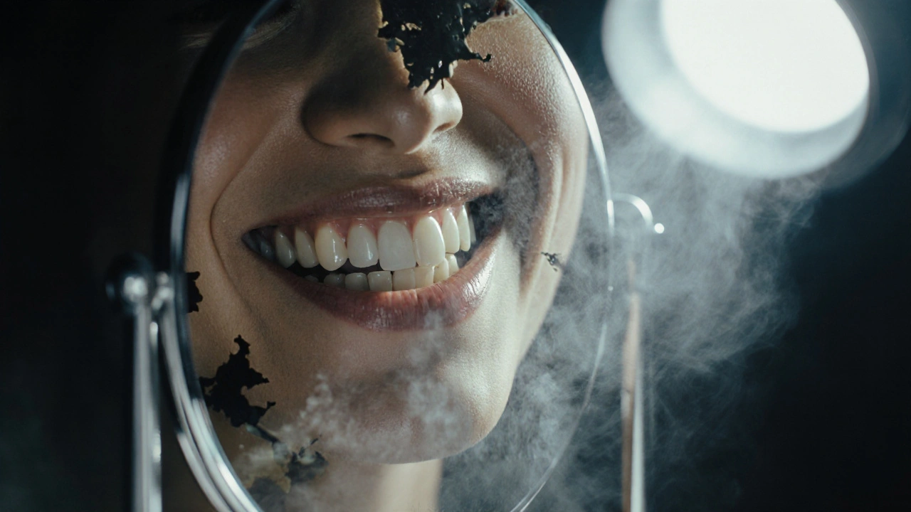 Odrážející se úsměv v zubní zrcátku, kde se tmavé skvrny mění v mlhu.