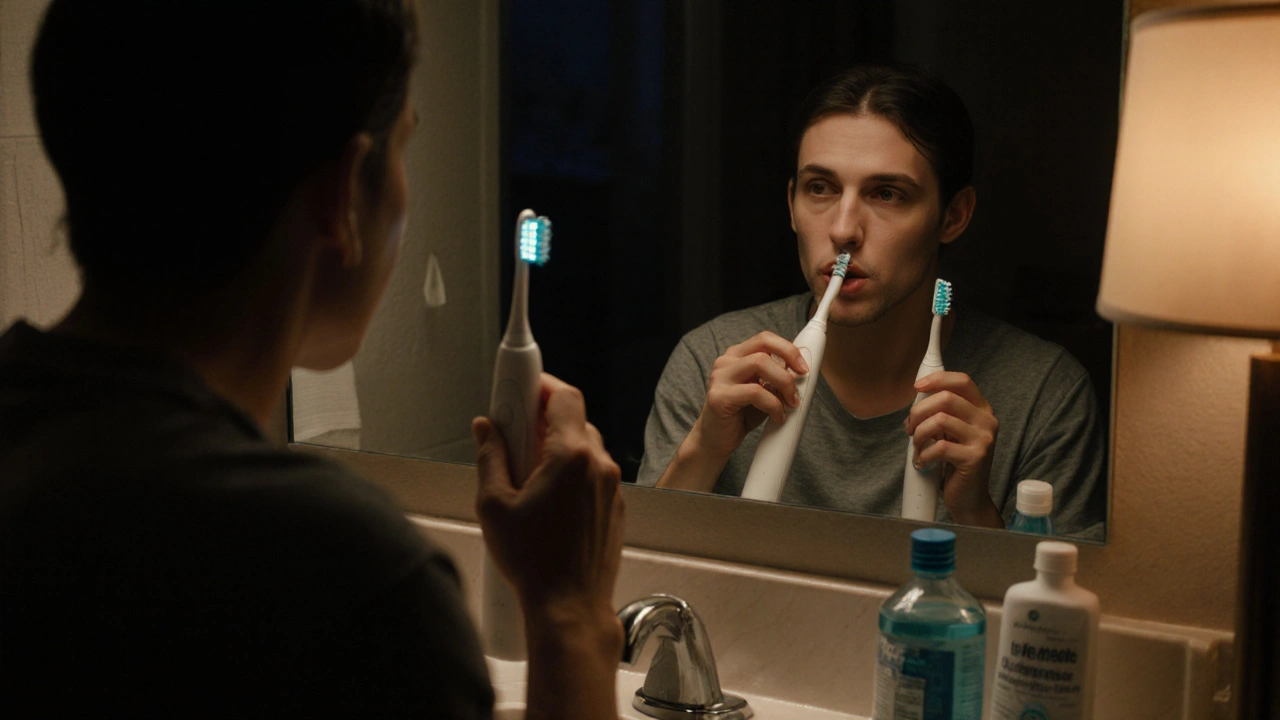 Osoba čistí zuby elektrickým kartáčkem a zubní nití ve větříkách v koupelně.