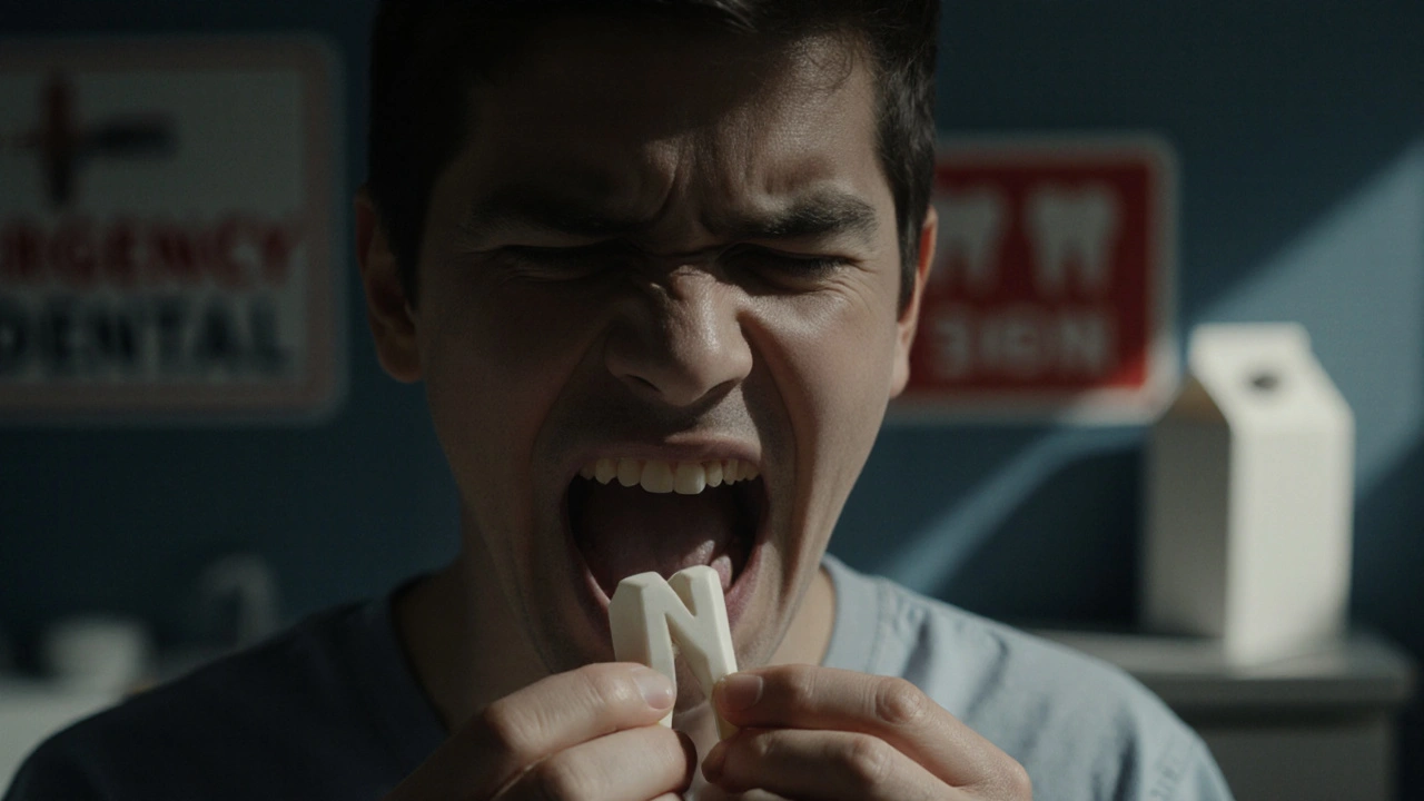 Osoba drží ulomený zub v ústech, hledá pomoc po úrazu.