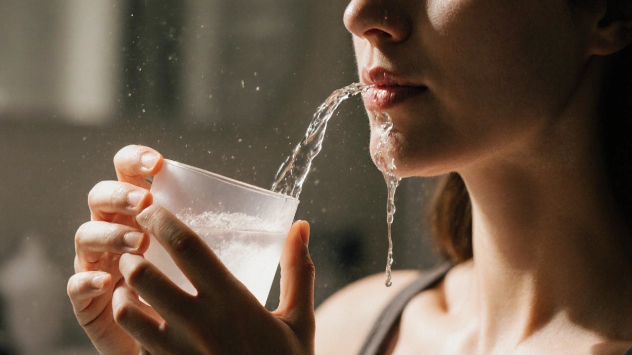 Osoba pláchnoucí ústa teplou solnou vodou tři dny po extrakci zubu.