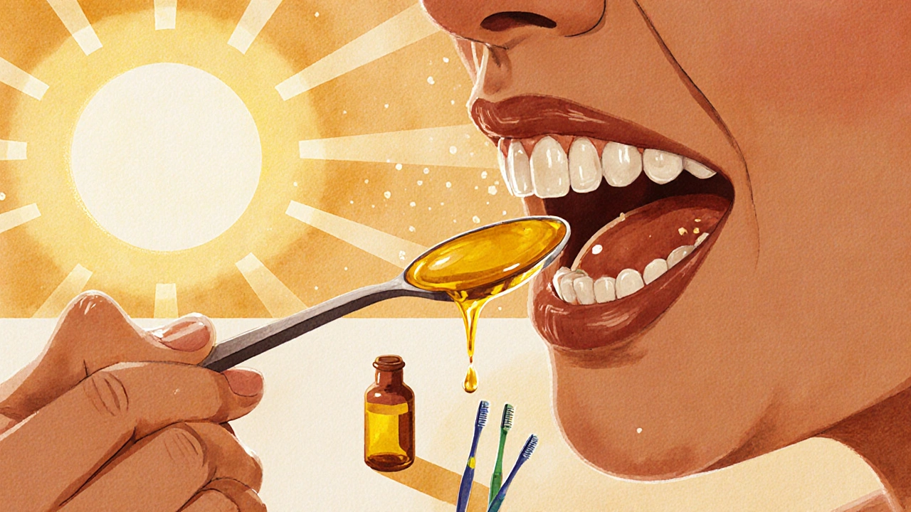 Osoba provádí olejové pláchnutí kokosovým olejem ráno.