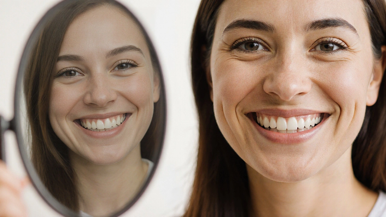 Patient smiling with before-and-after view of teeth transformed by veneers.