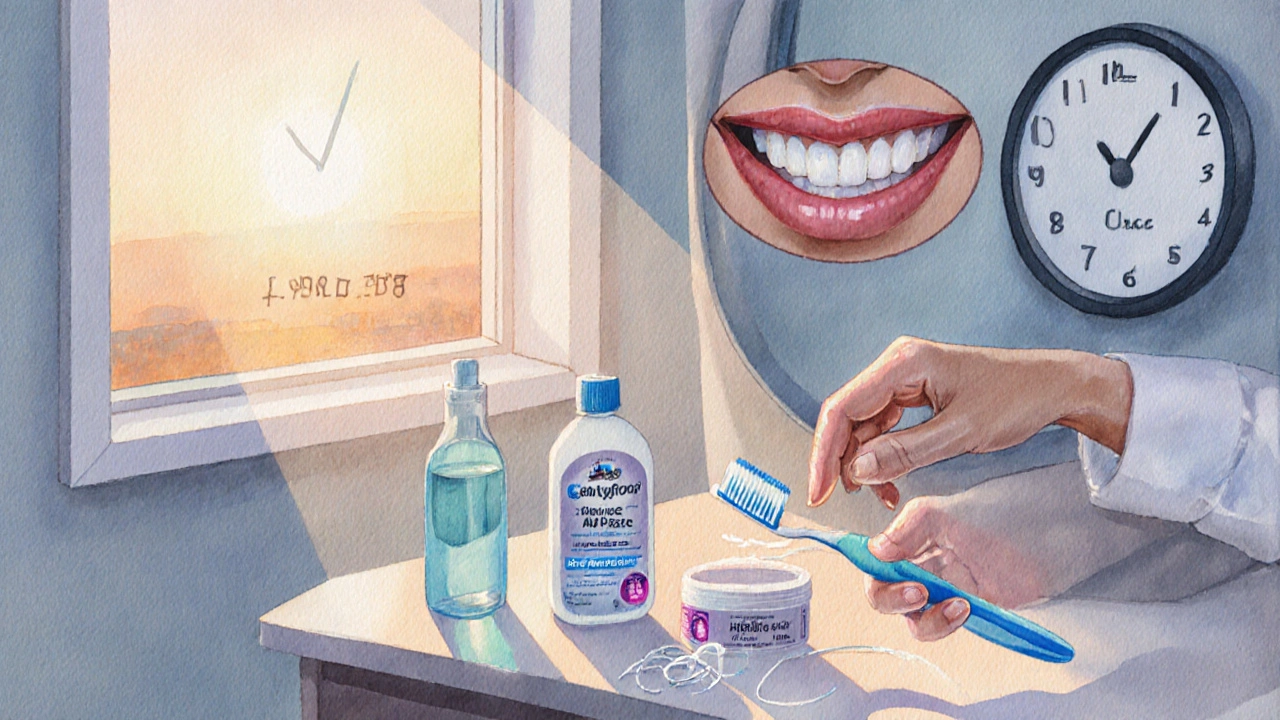 Pokojná scéna pacienta, který jemně čistí zuby měkkým kartáčkem v klinice s přírodním světlem.