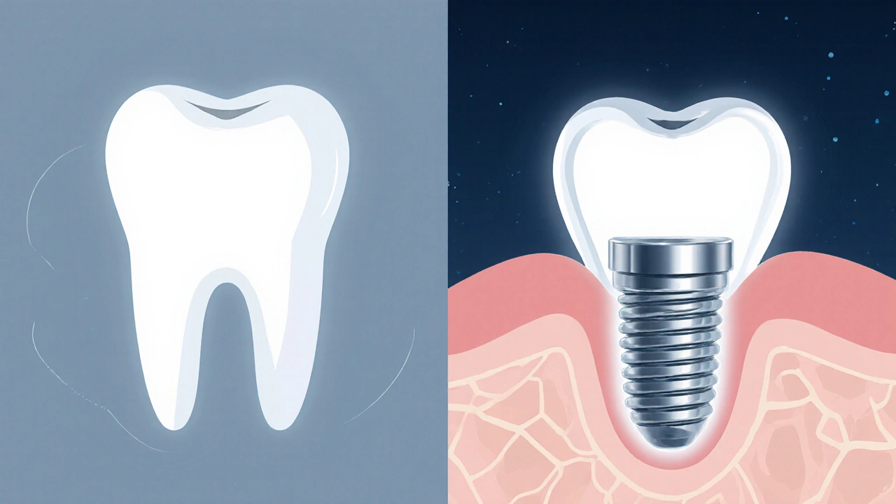 Porovnání přirozeného zubu a implantátu v čelisti.