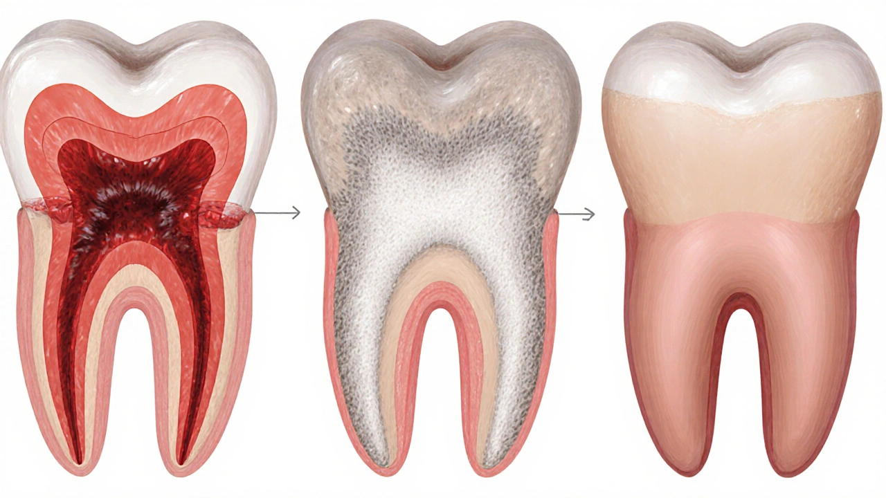 Postupné hojení rány po vytažení zubu: od krevní sraženiny přes bílou tkáň k uzavřené dásni.