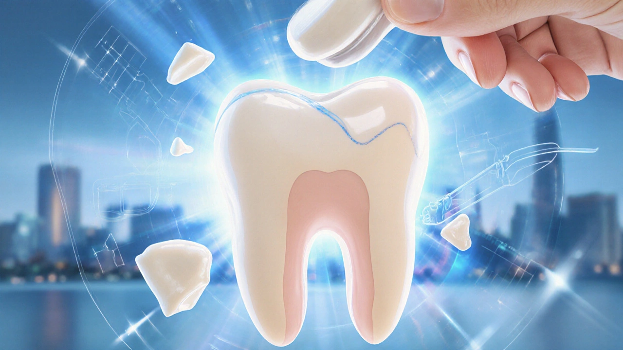 Přední zub s tenkou keramickou obálkou veneer, detailní zobrazení lepení.