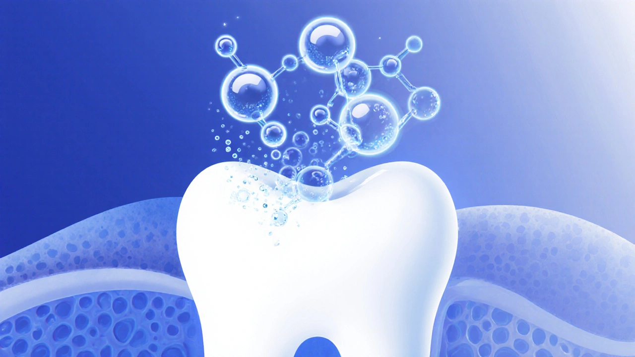 Příčný řez zubem s kyslíkovými bublinami, které odstraňují pigmenty z enamelu.