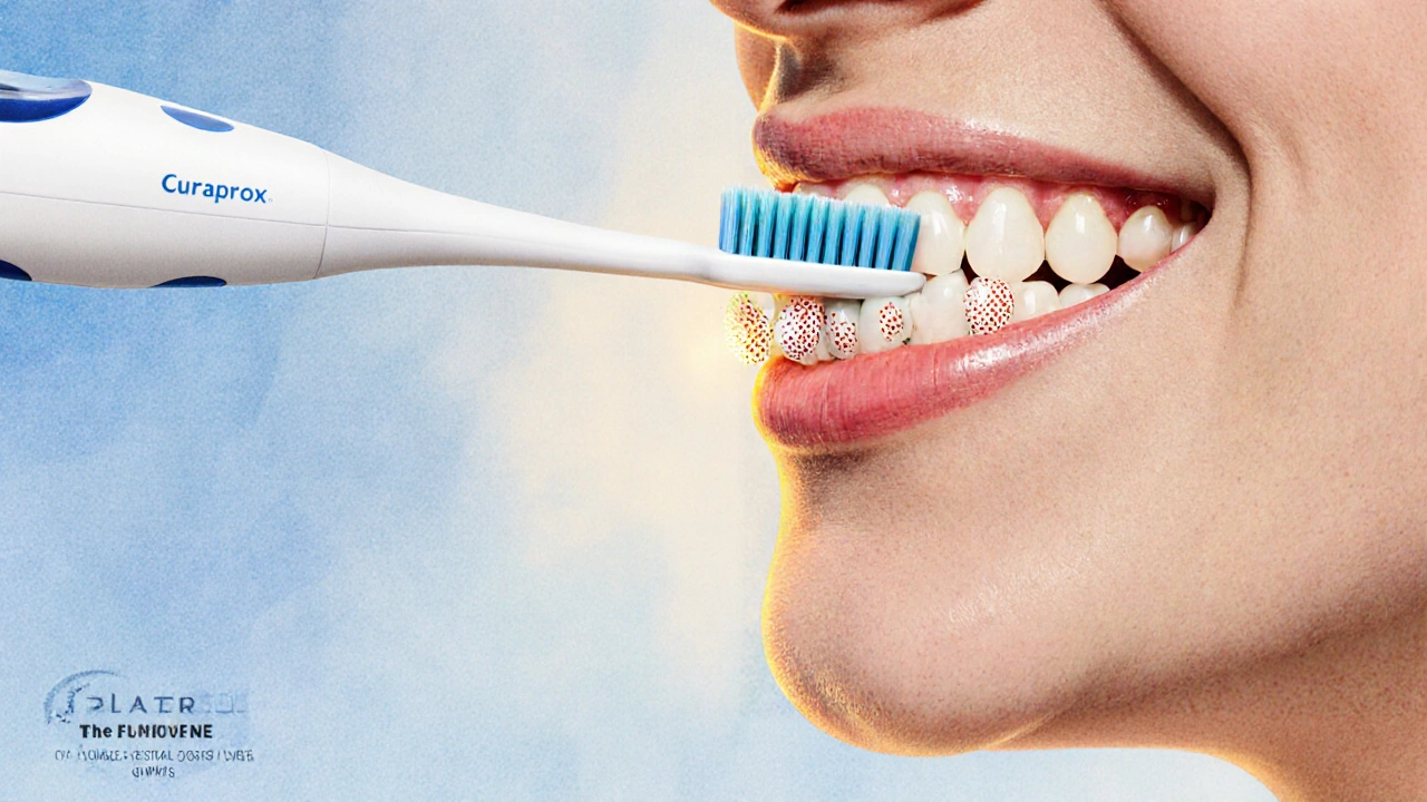 Profile view of a toothbrush gently cleaning teeth and gums without damage.