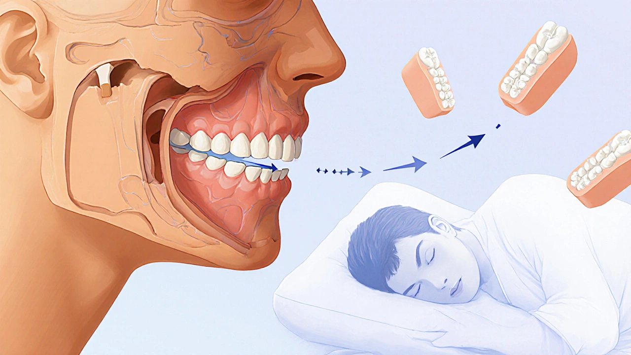 Průřez čelisti s postupným posouváním zubů a volným dýchacím cestou během spánku.