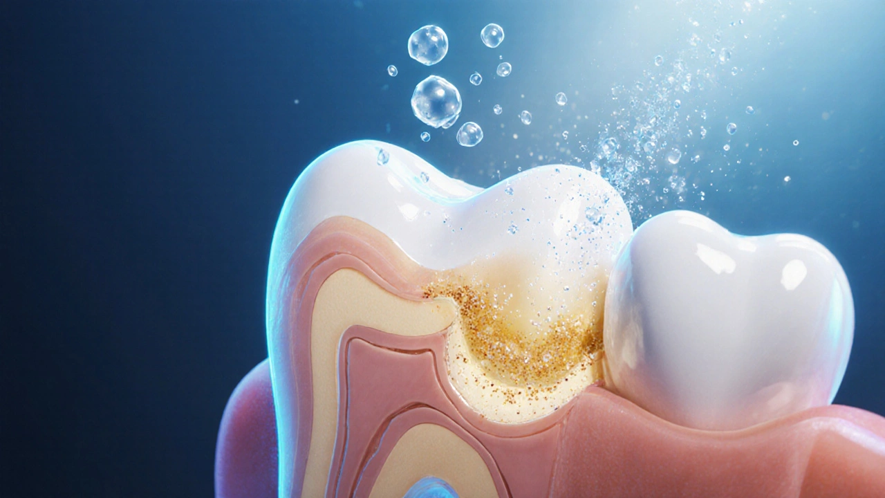 Průřez zubu ukazující, jak peroxid vodíku rozkládá pigmenty v dentinu