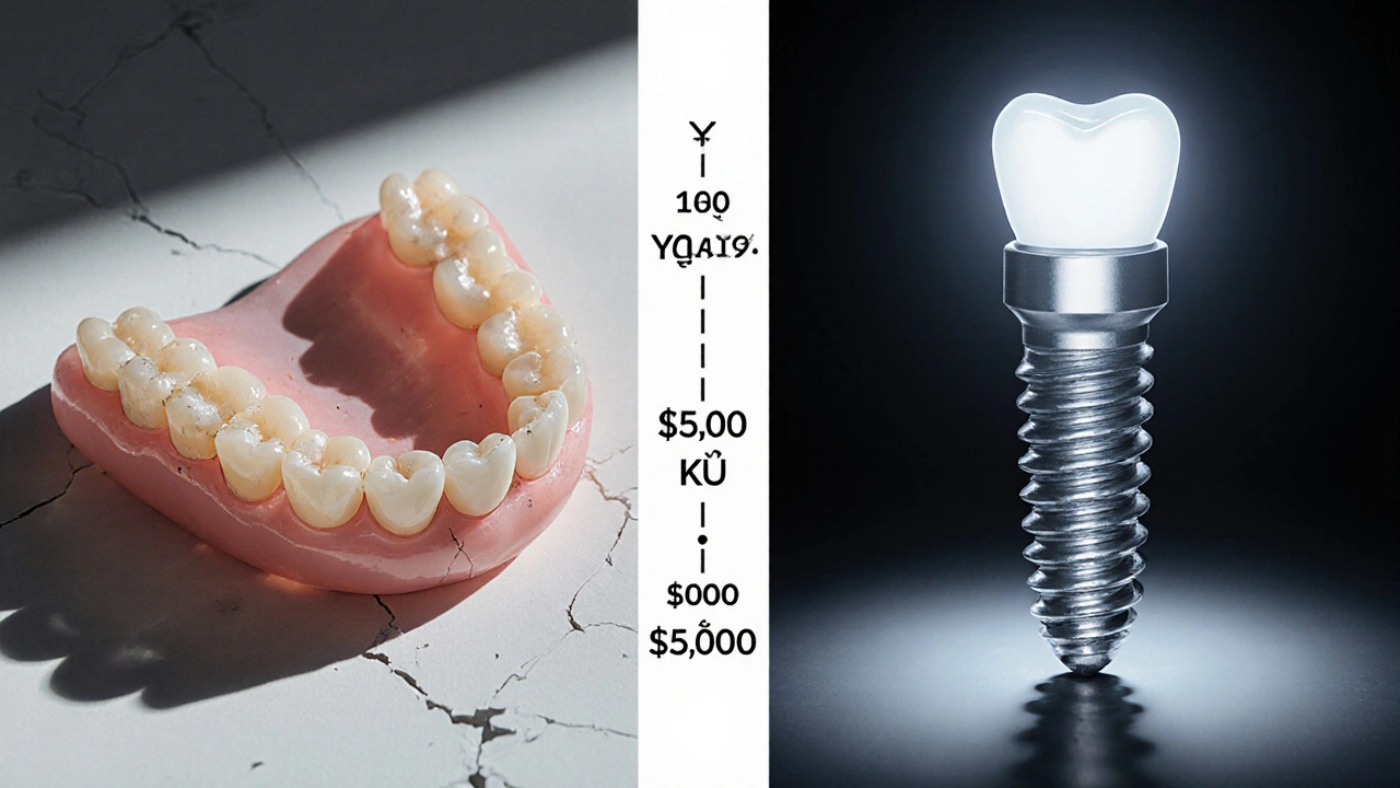 Rozdělený obrázek: stará protéza a nový implantát s ukázkou nákladů přes 15 let.