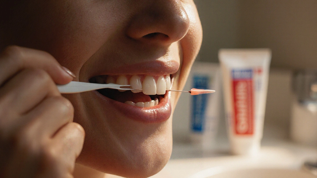 Ruka používá zubní nit mezi předními zuby s viditelným krvácením.