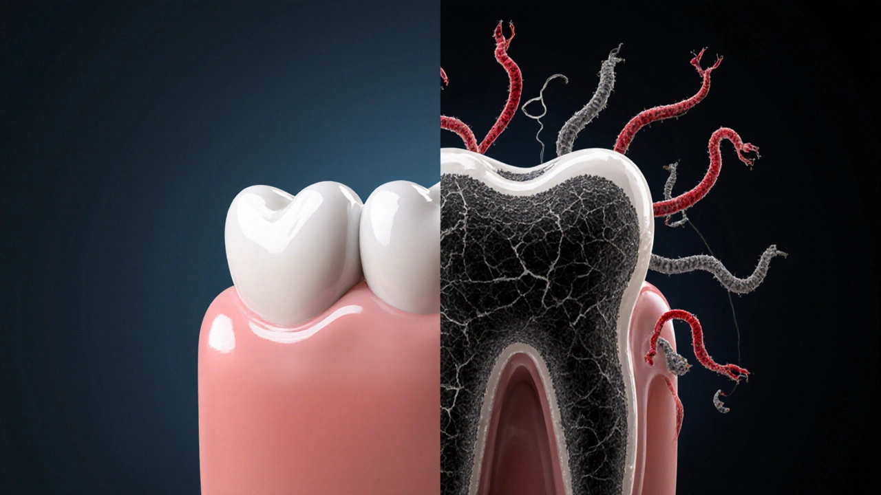 Srovnání zdravých zubů a zubního kamene s bakteriemi.
