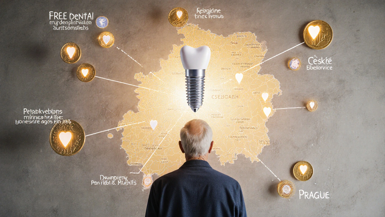 Starý muž před mapou Česka s označenými zubními klinikami a programy podpory.