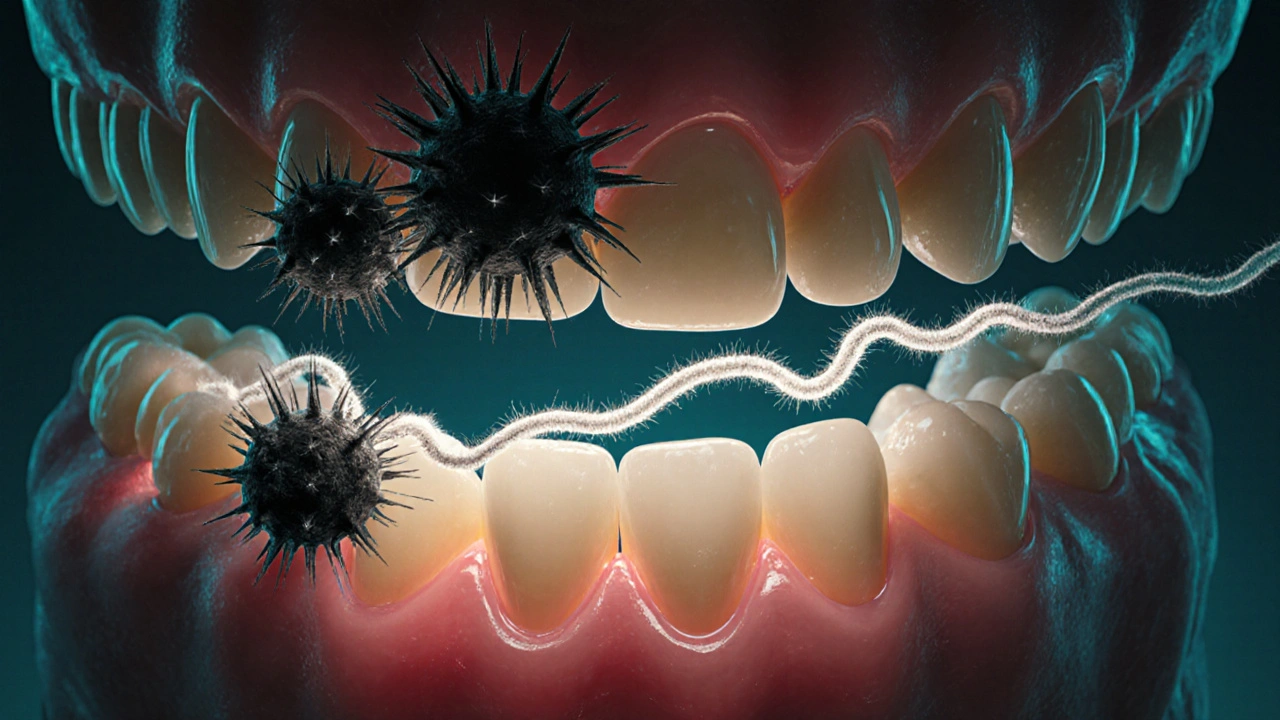Symbolický boj mezi plakem a zubní nití, která odstraňuje bakterie a chrání dásně.
