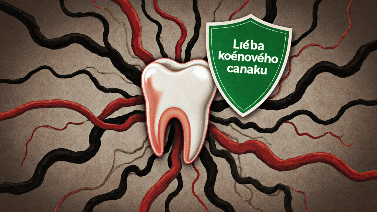 Symbolický obrázek šířící se infekce z zubu do čelisti a mozku, zastavená léčbou.