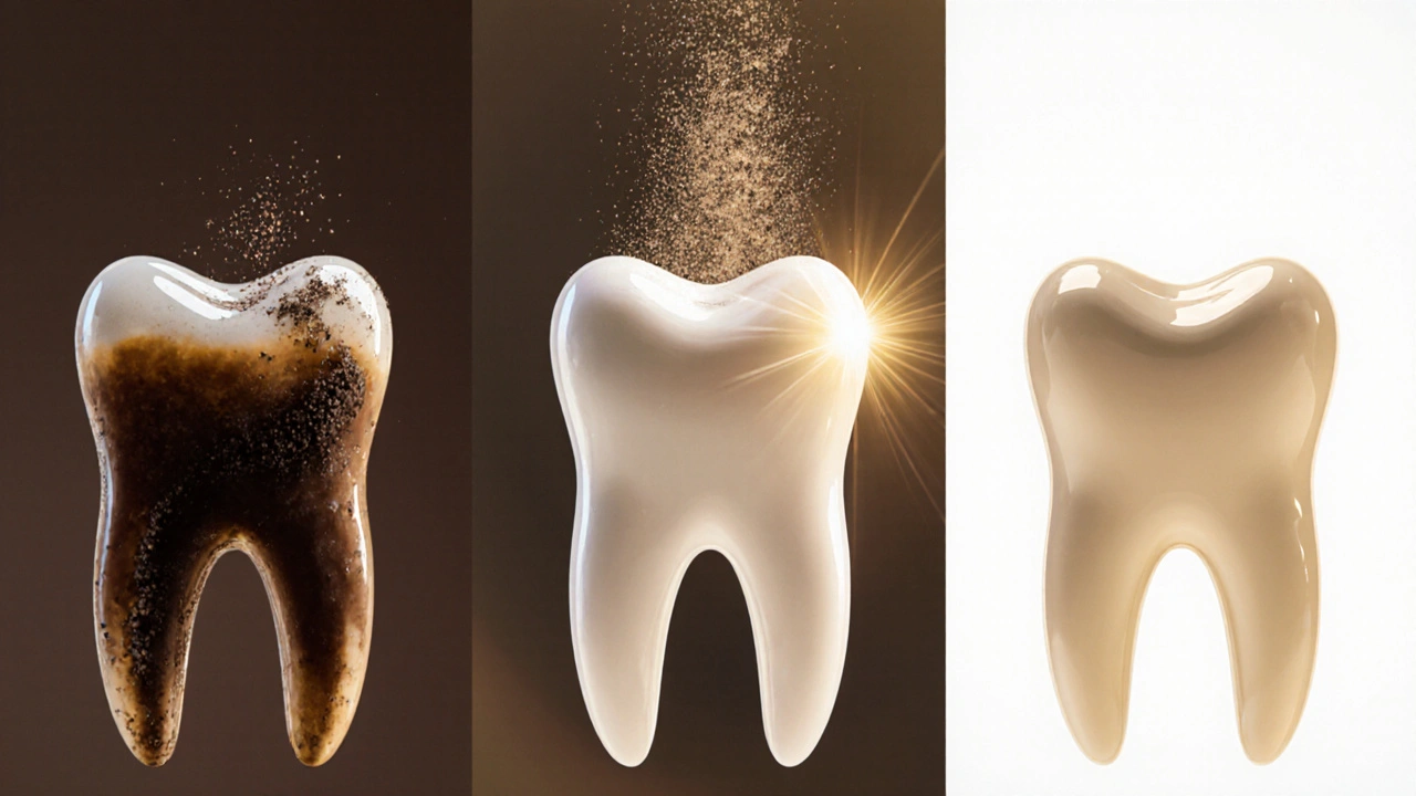 Tři fáze zubu: znečištěný, čištěný a čistý s lesklým emailem.