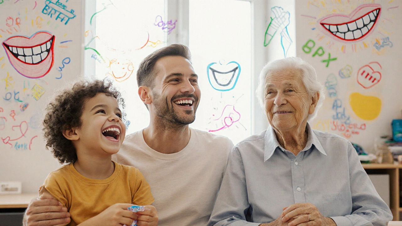 Tři generace se smějí ve škole, všichni nosí průhledná rovnátka, na pozadí kresby zubů.